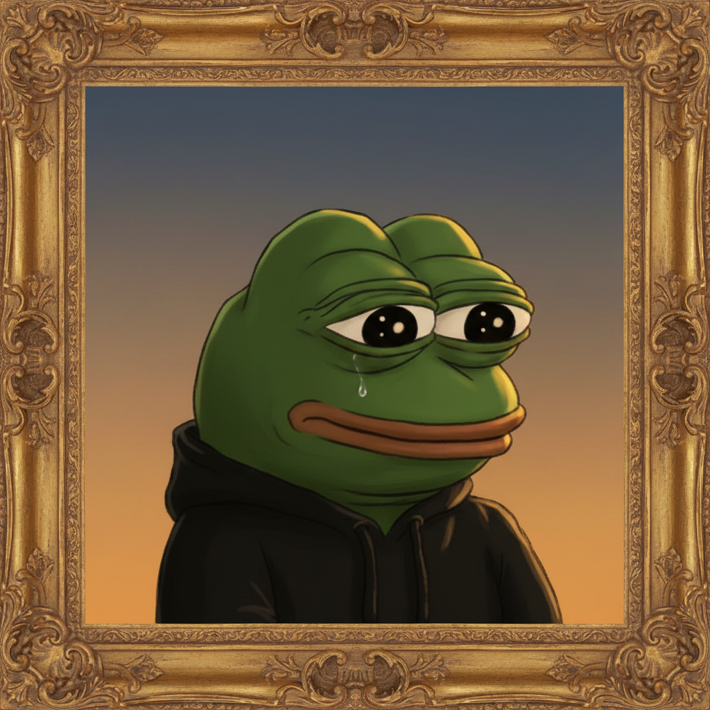 meme. In an ornate, gilded picture frame, looking utterly bewildered as a tiny tear rolls down its cheek.
