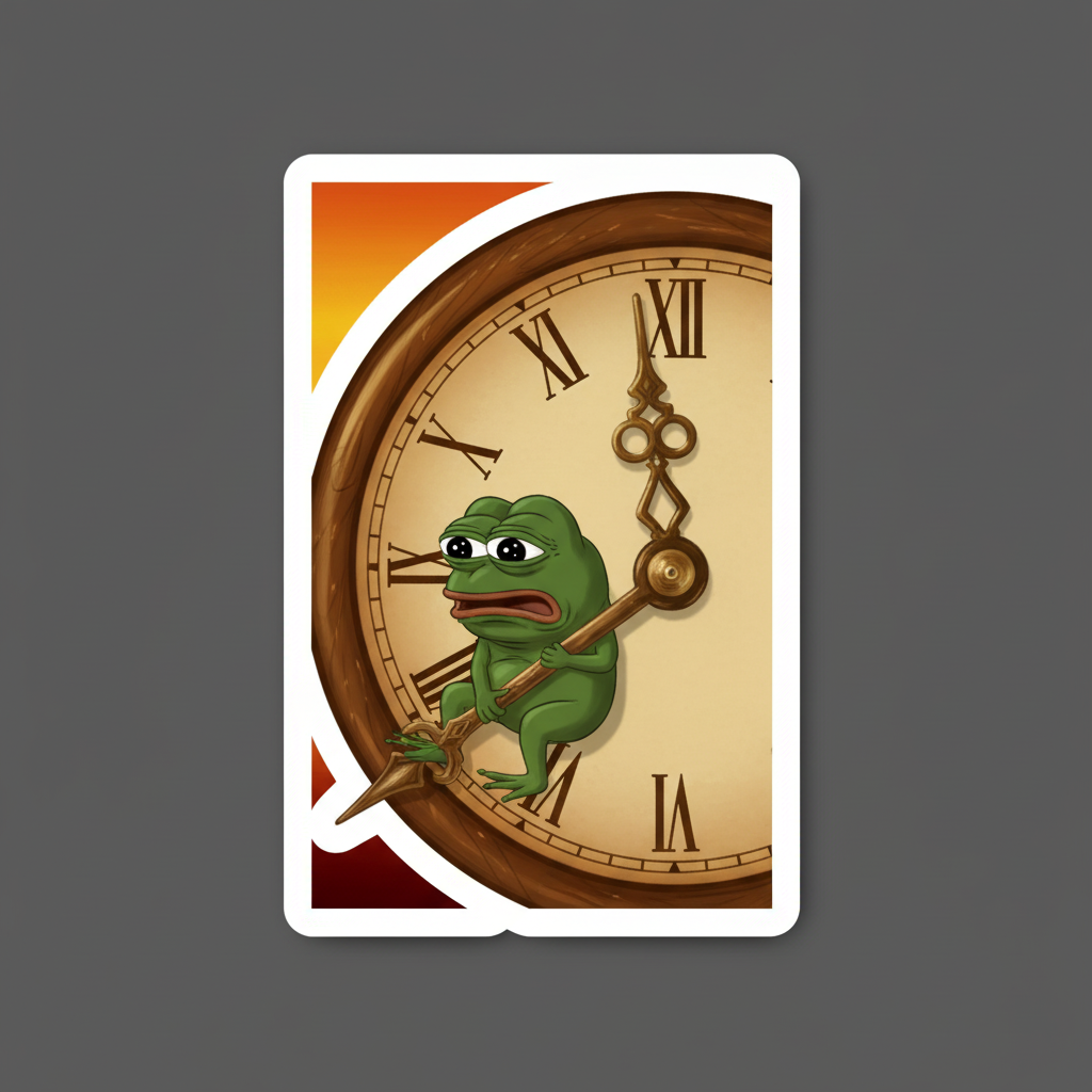 STICKER. meme, tiny, clinging for dear life to the minute hand of a giant grandfather clock, looking utterly terrified as it ticks towards 4 AM.