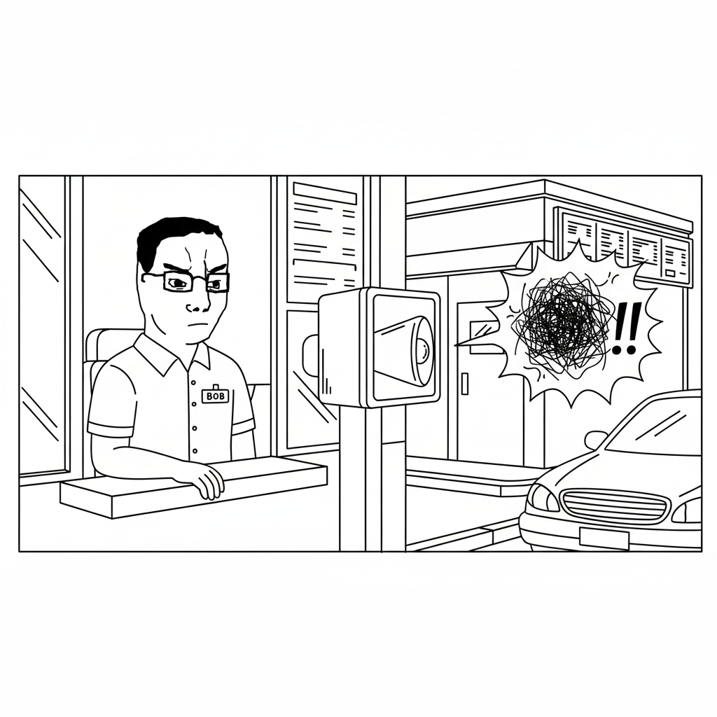 BANNER: Chud working as a drive-thru cashier, looking utterly deadpan as a customer screams into the speaker.