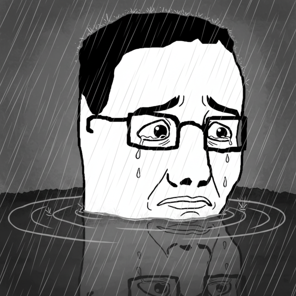 PFP: Chud's reflection in a puddle, looking distraught. Rain streaking down the image.