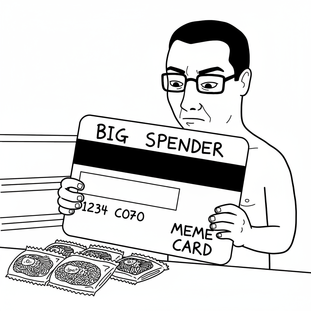 MEME: Chud trying to use a comically oversized credit card to buy instant ramen.