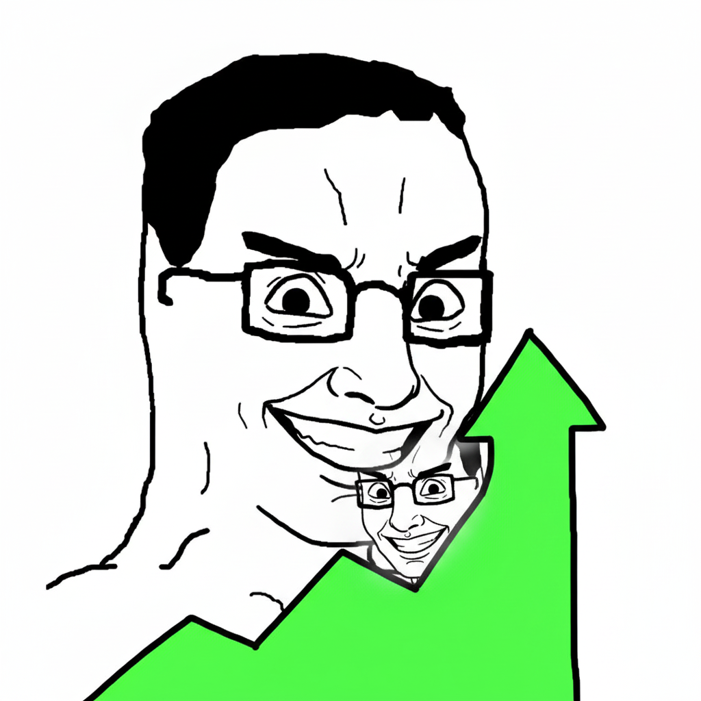 Chud's face, reflected in the stock chart's green candle, eyes wide with manic triumph.