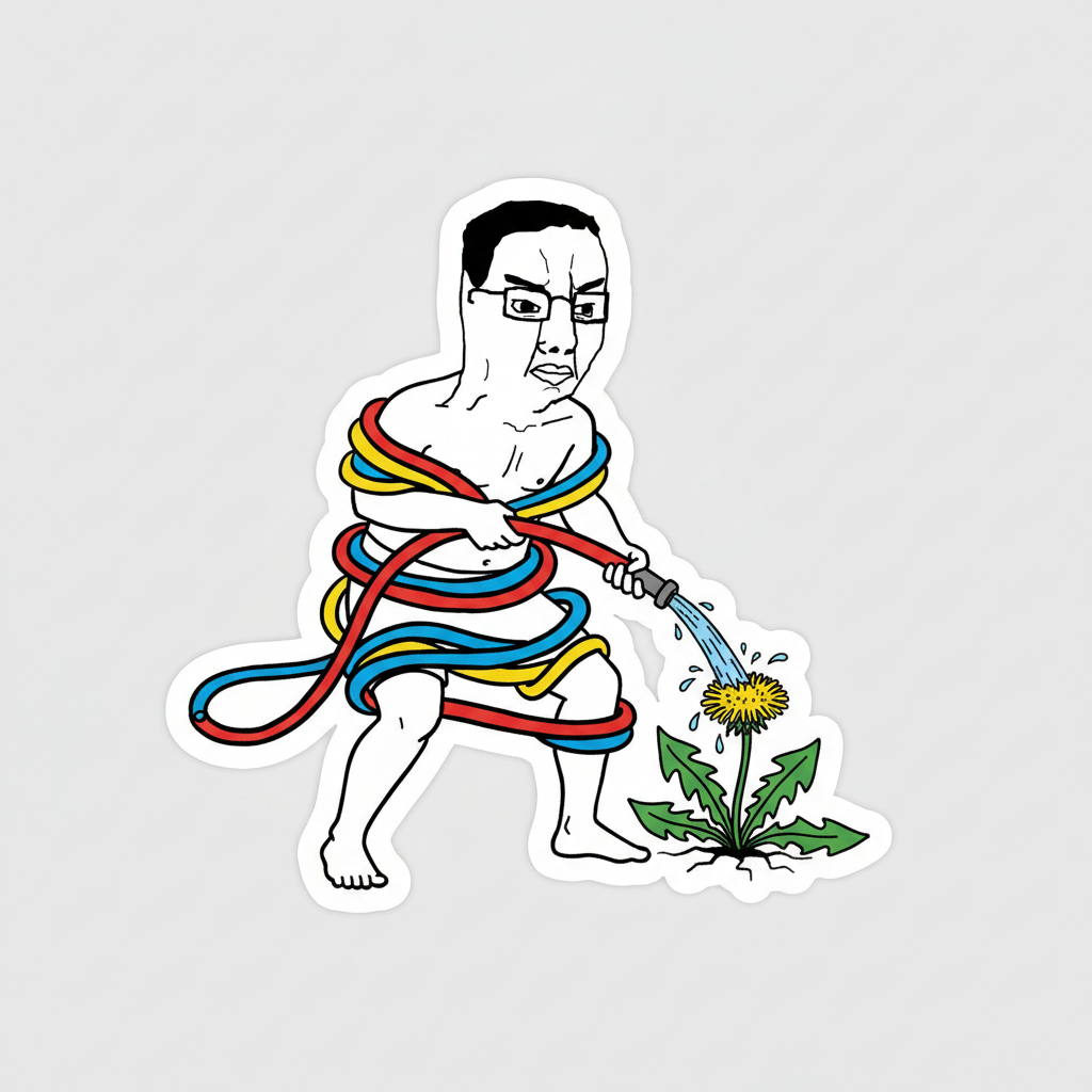 STICKER: Chud, tangled in a massive, brightly colored garden hose, accidentally watering a single, defiant dandelion.