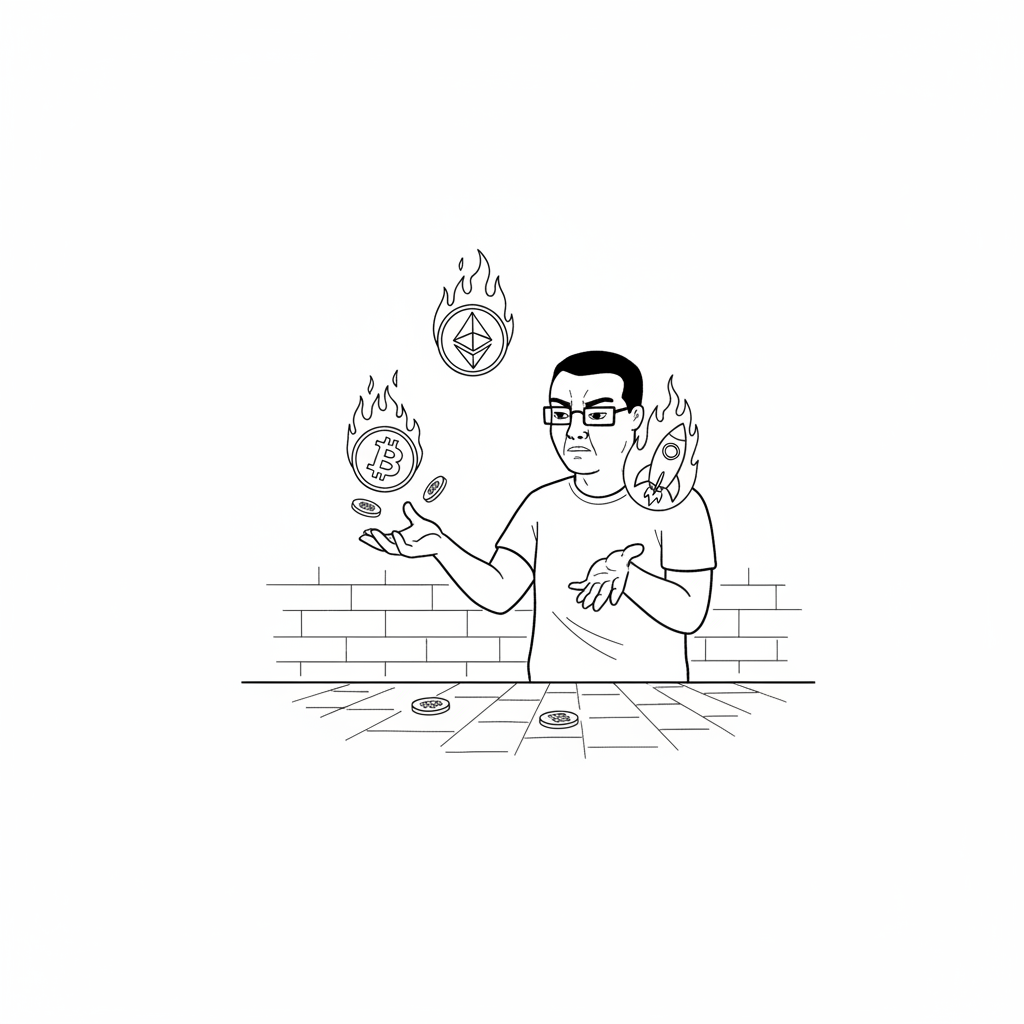 Chud as a street performer, juggling flaming crypto logos, one hand extended for tips.