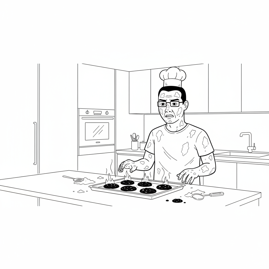 Chud, covered in flour and wearing a tiny chef's hat, accidentally sets a tray of burnt cookies on fire in a luxury kitchen.