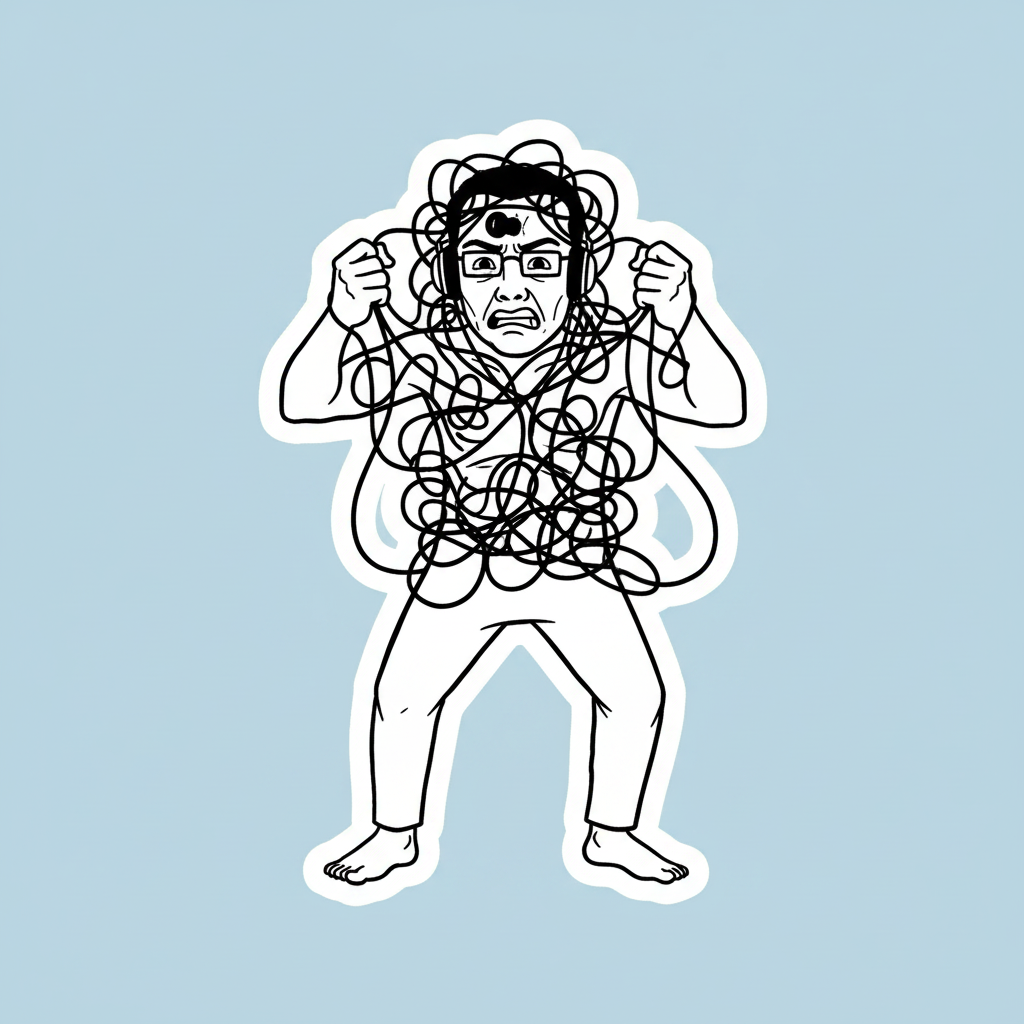 STICKER: Chud frantically untangling a mess of headphone wires, one earbud comically stuck to his forehead.