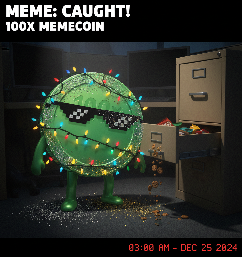 MEME: Caught on the security camera, inexplicably covered in glitter and tangled in a string of holiday lights, raiding the office snack drawer at 3 AM.