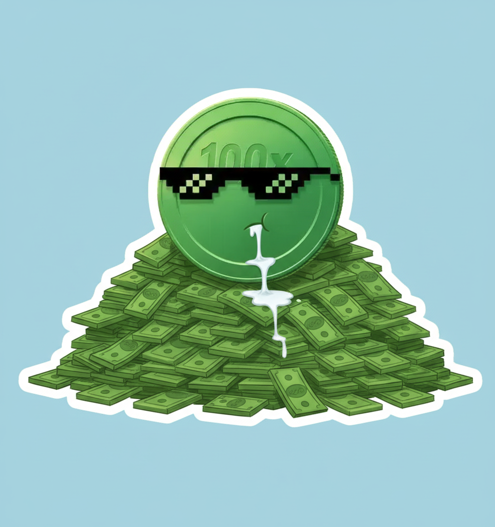 STICKER: Sleeping soundly on a giant pile of hundred-dollar bills, drool pooling on the top one.