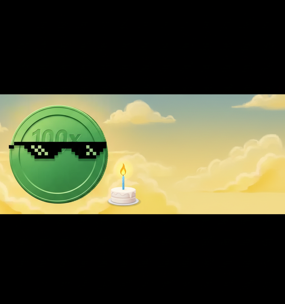 BANNER: Staring wide-eyed at a single flickering candle on a comically small, empty cake.