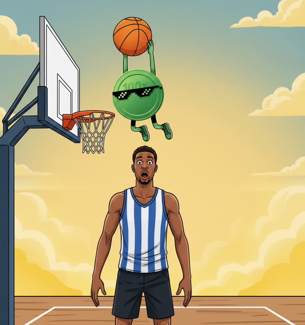 BANNER: Mid-air dunk over a surprised, much taller professional basketball player.