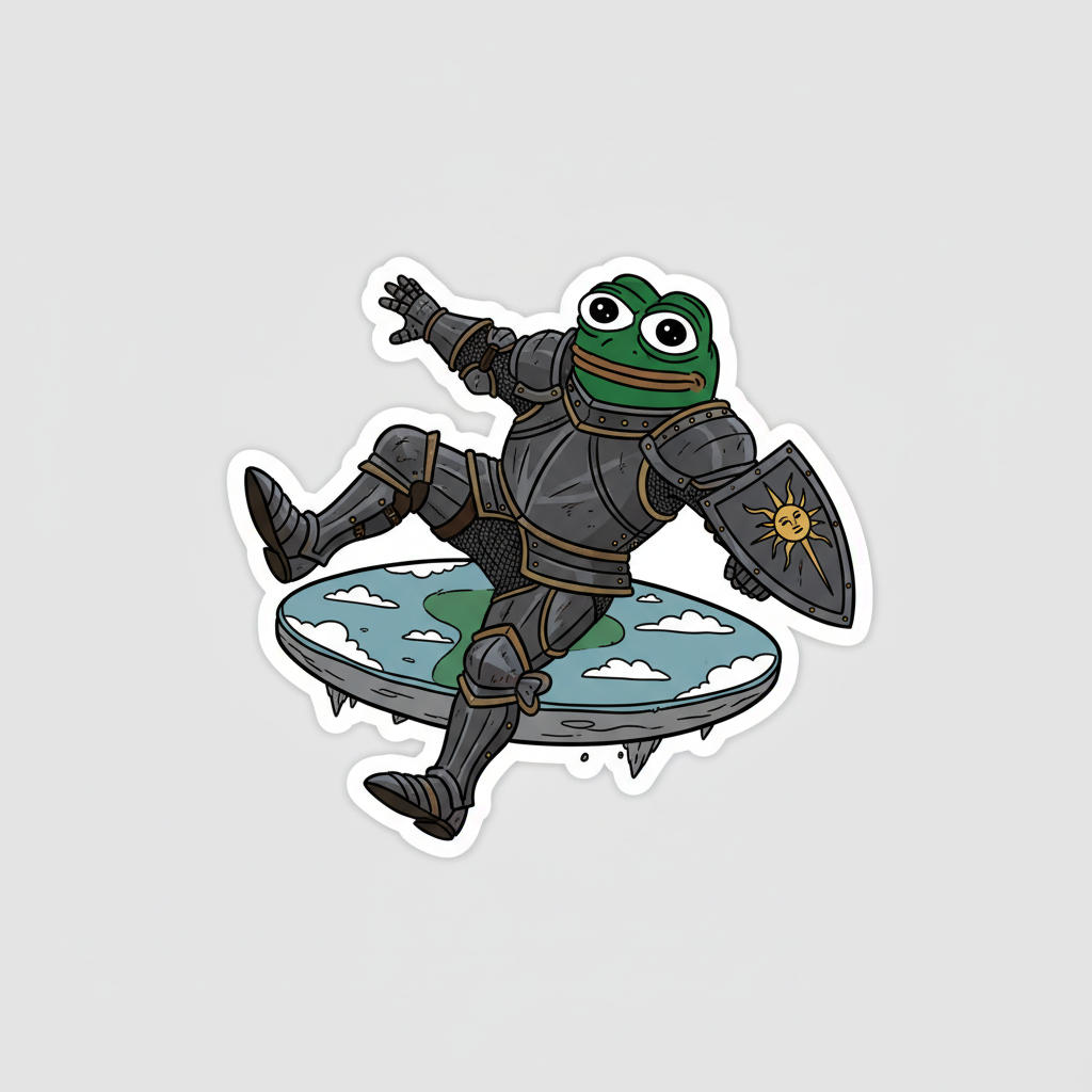 Moin, dressed as a heavily armored medieval knight, dramatically falls backward off a flat Earth disc, flailing.