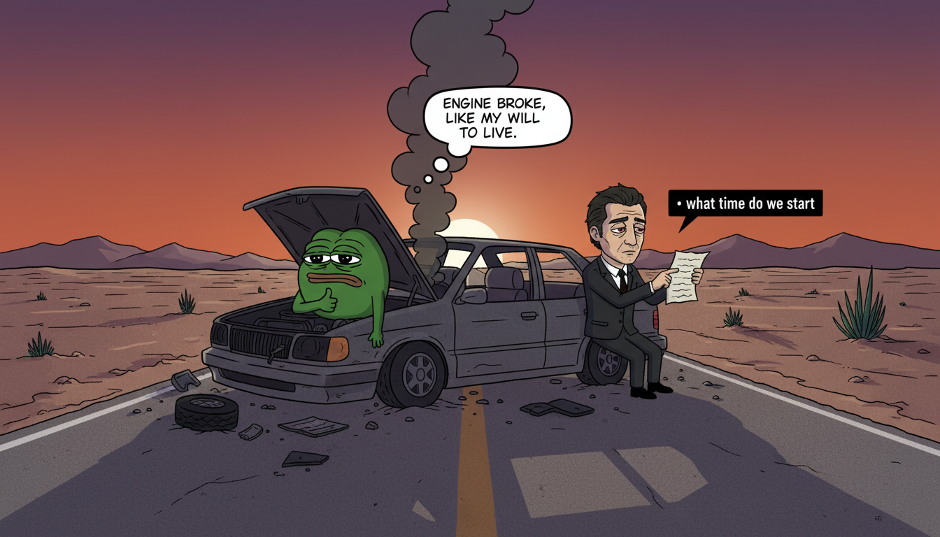 The first mascot and the second mascot, both visibly exhausted, leaning against opposite sides of a broken-down, smoking car on a deserted desert highway at sunset.