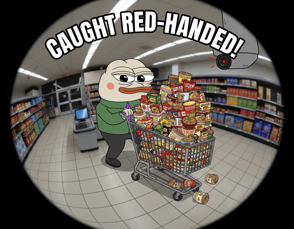 Caught red-handed by a security camera, attempting to sneak a giant, overflowing grocery cart full of ramen noodles past the checkout.