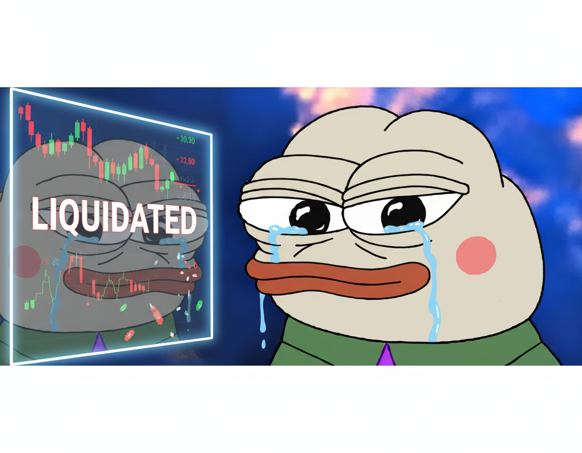 Banner text: LIQUIDATED. Papu's face reflected in the screen, tearfully watching his portfolio vanish.