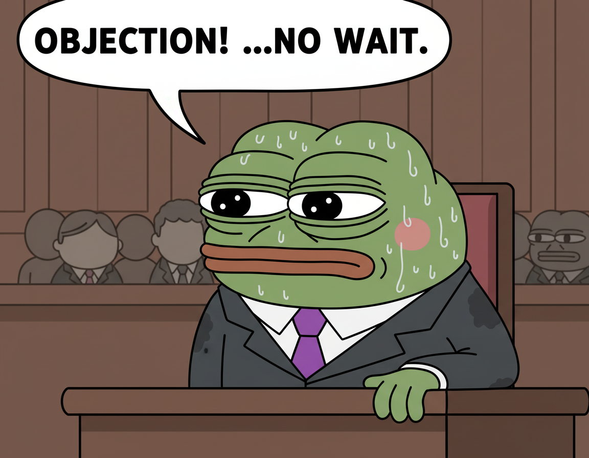 MEME. Papu, in an oversized suit, sweating profusely during a high-stakes courtroom cross-examination.
