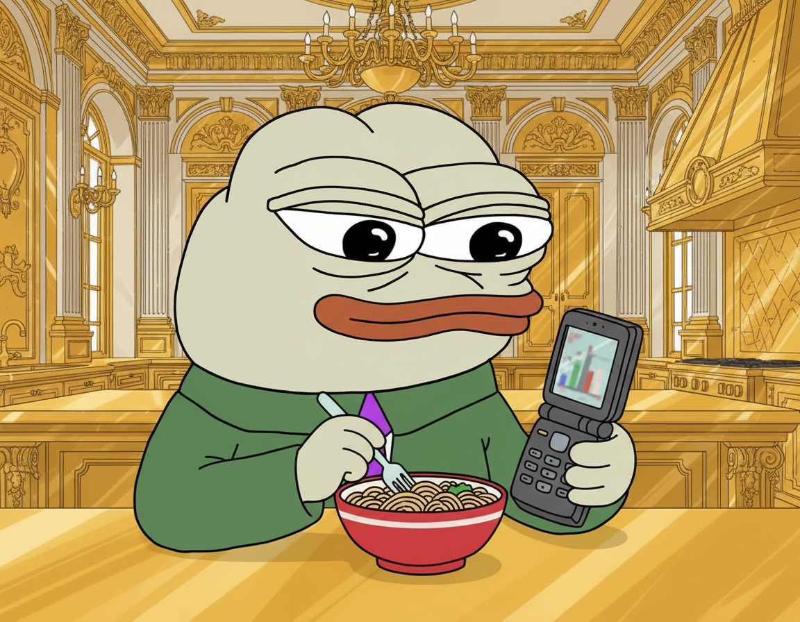 MEME. Papu, eyes fixed on a blurry chart on an ancient flip phone, stirring instant ramen in a palatial, gold-plated kitchen.