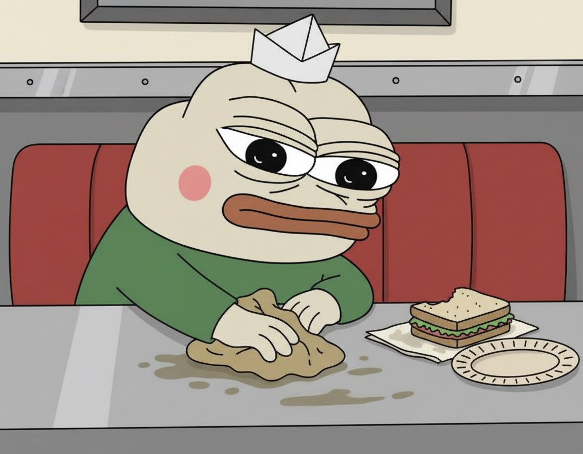 MEME. Papu, wearing a tiny paper hat, meticulously wiping down a greasy diner counter with a well-used rag, a half-eaten sandwich abandoned nearby.