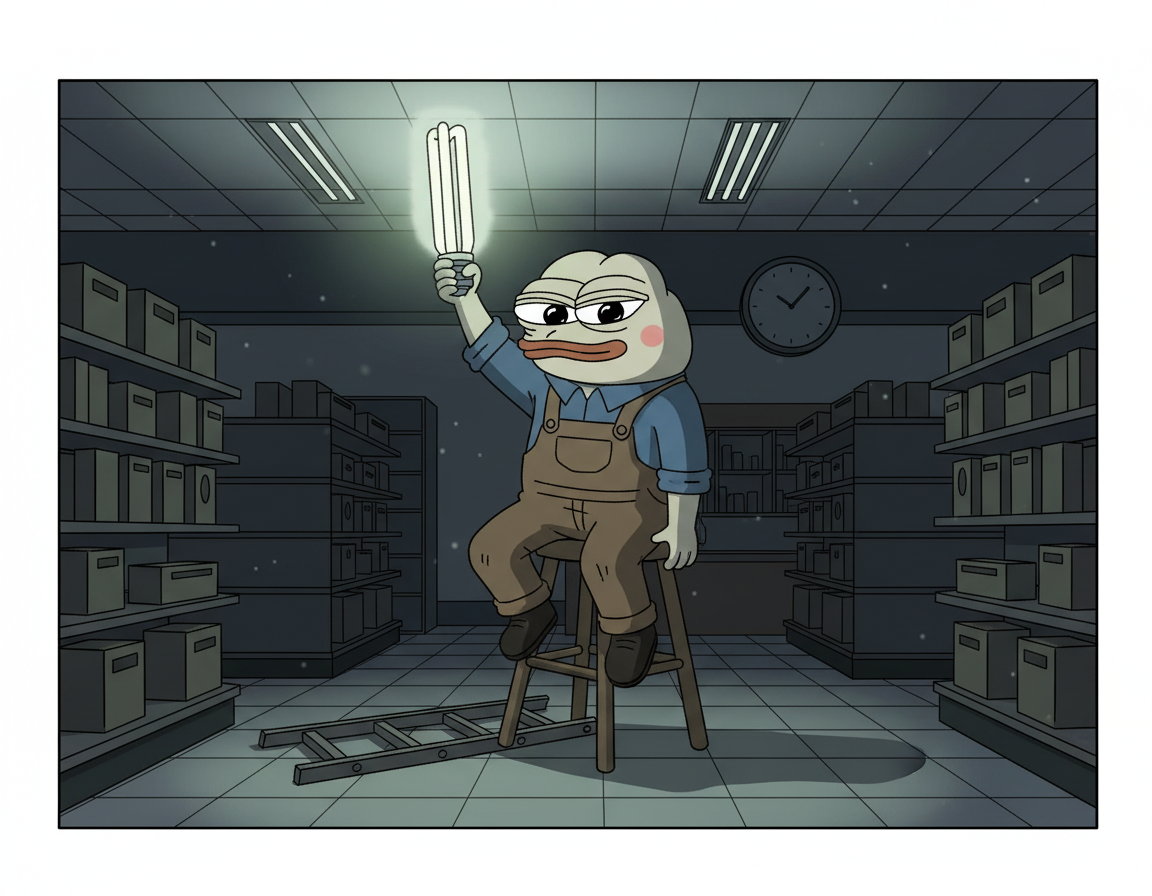 Papu, perched precariously on a wobbly stool, attempting to change a flickering fluorescent light bulb in a deserted convenience store at 3 AM.