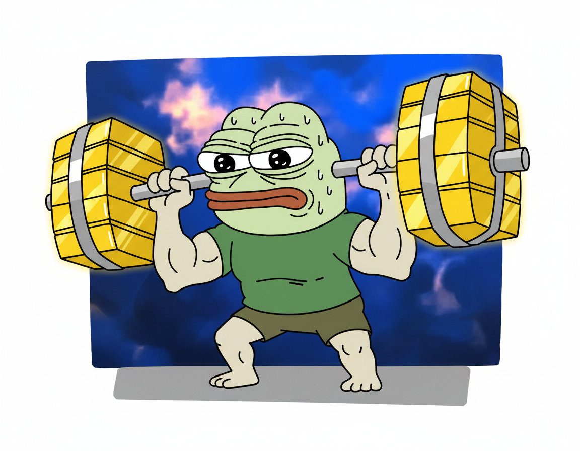 MEME. Papu, arms flexed, straining to lift a comically oversized dumbbell made of gold bars.
