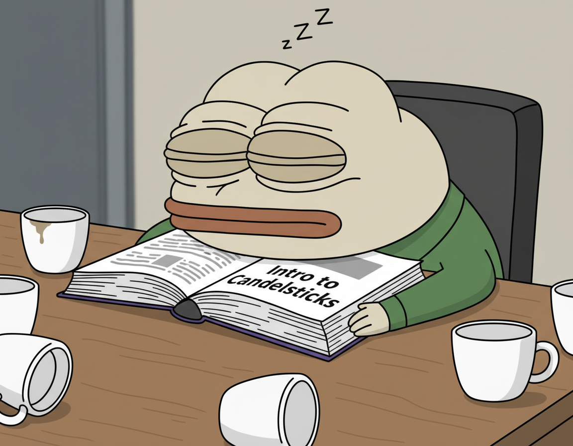 Papu, asleep at a desk, head slumped onto an open book titled "Intro to Candlesticks". Empty coffee cups surround them.