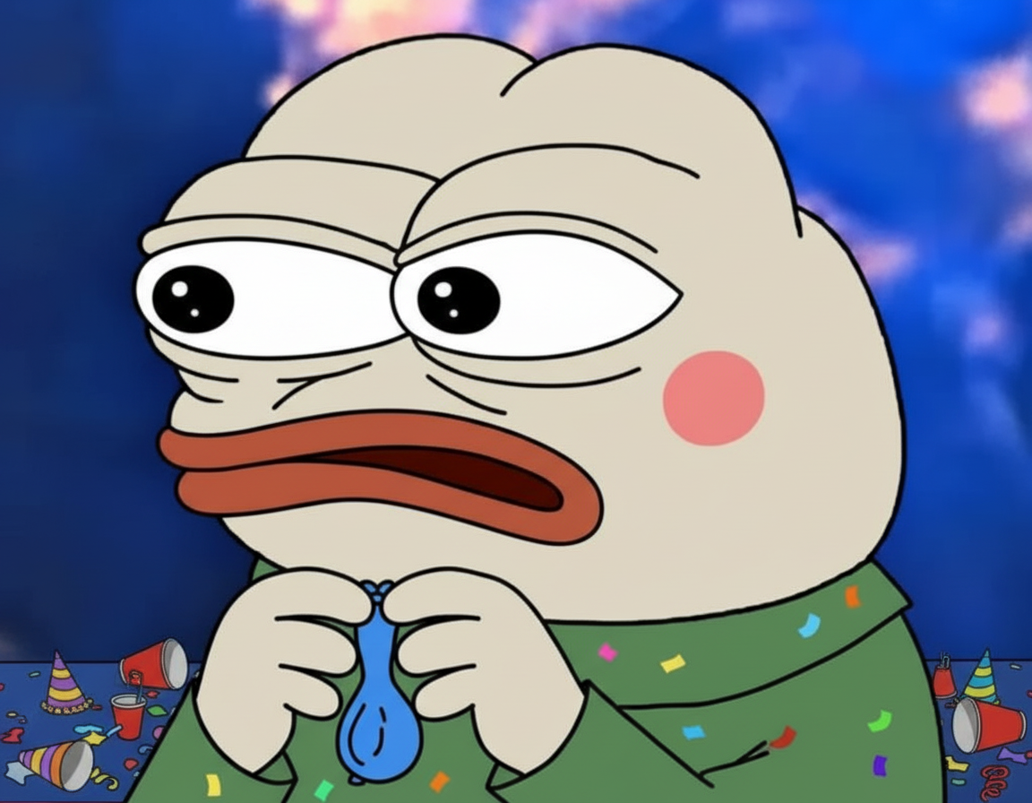MEME. Papu, eyes wide with disbelief, holding a ridiculously small, deflated balloon after a massive party.