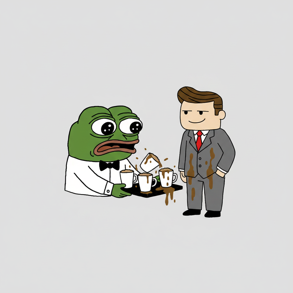 The mascot, eyes wide with horror, spilling a tray of expensive lattes all over a smug venture capitalist's tailored suit.