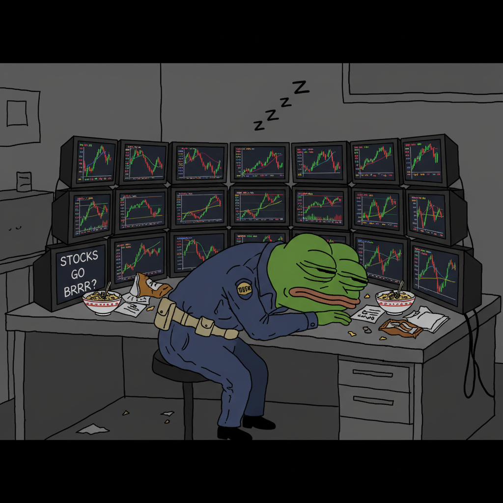 The mascot, wearing an ill-fitting security uniform, asleep at a desk in front of 20 monitors, all showing stock charts.