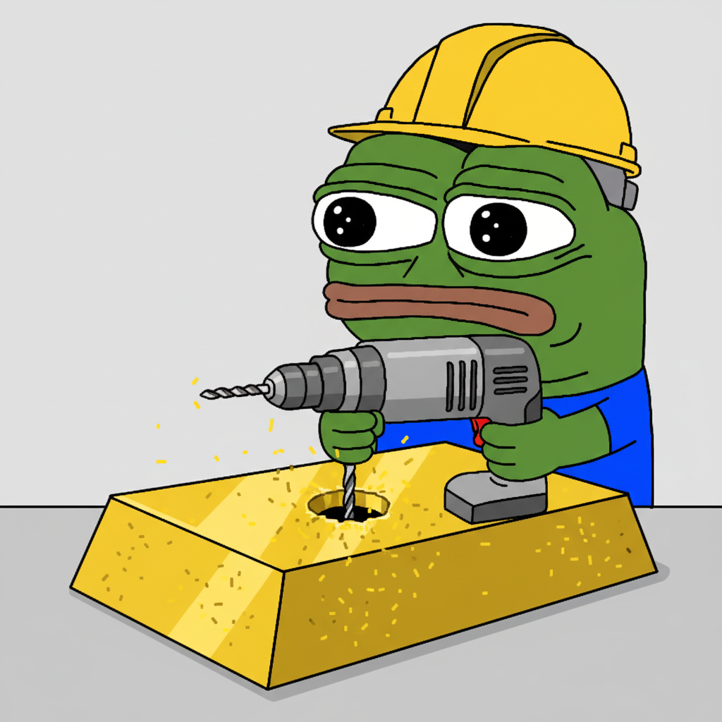 MEME: The mascot, wearing a construction hard hat, accidentally drilling a hole through a giant gold bar.