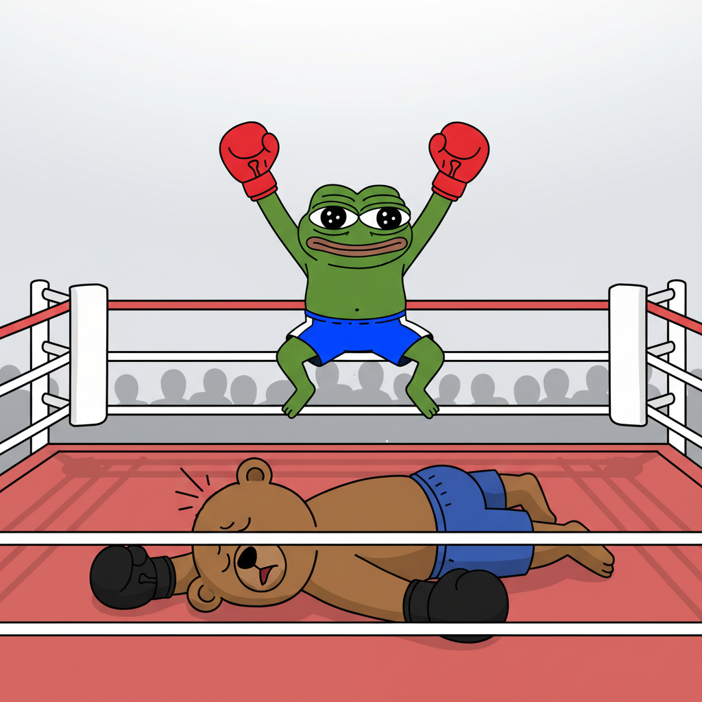 The mascot, in a boxing ring, celebrating a knockout victory over a much larger, anthropomorphic bear, mid-leap, arms raised.