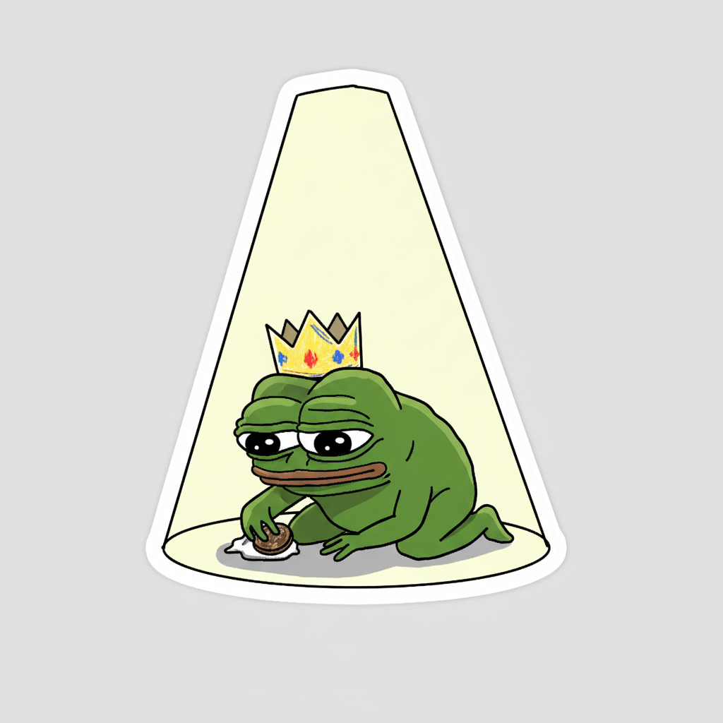 STICKER: The mascot, wearing a tiny paper crown, meticulously polishing a single, tarnished coin under a spotlight.
