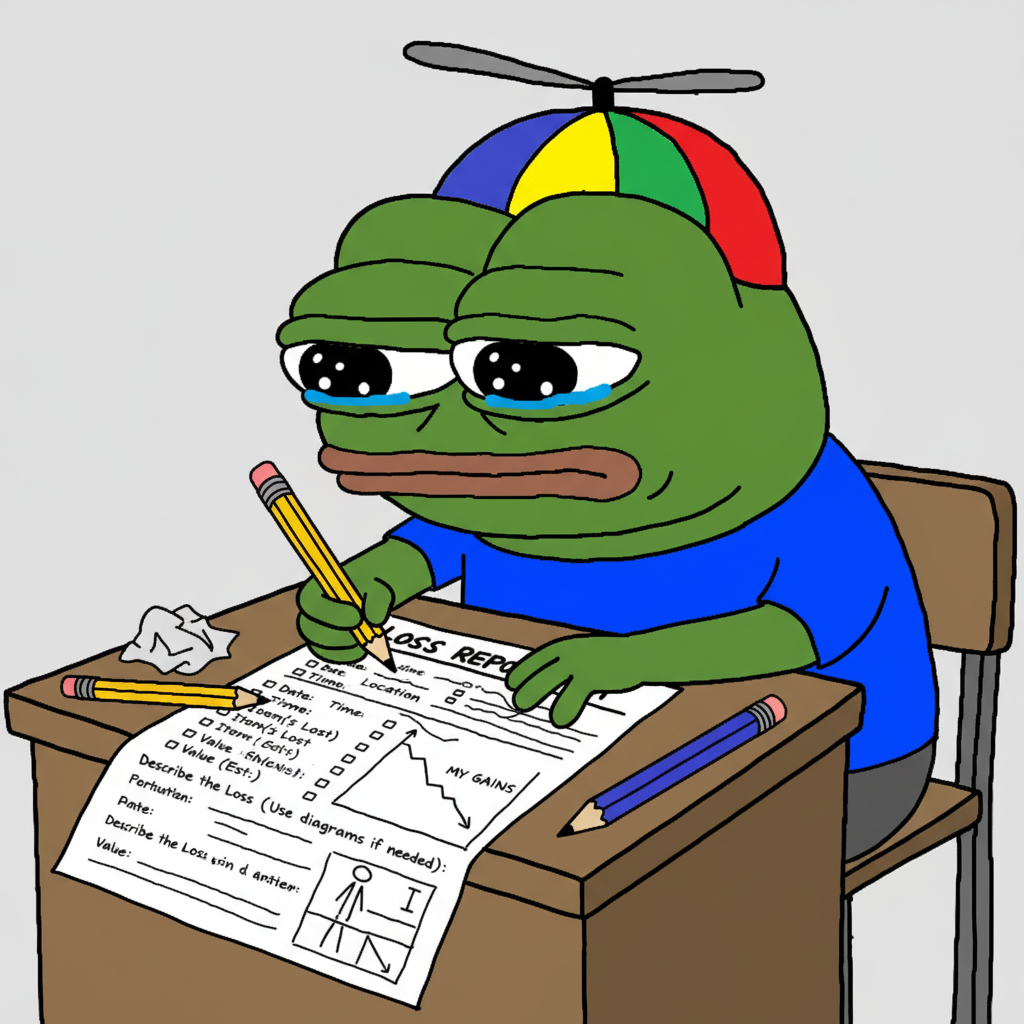 MEME: The mascot, hunched over a tiny desk, carefully filling out a highly detailed, hand-drawn "Loss Report" form.