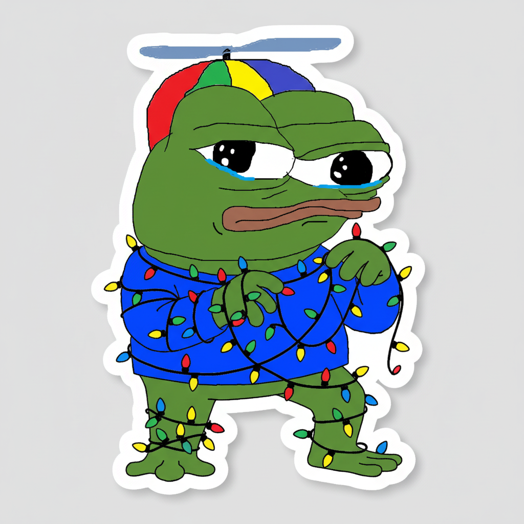 STICKER: The mascot, tangled in Christmas lights, looking exasperated.