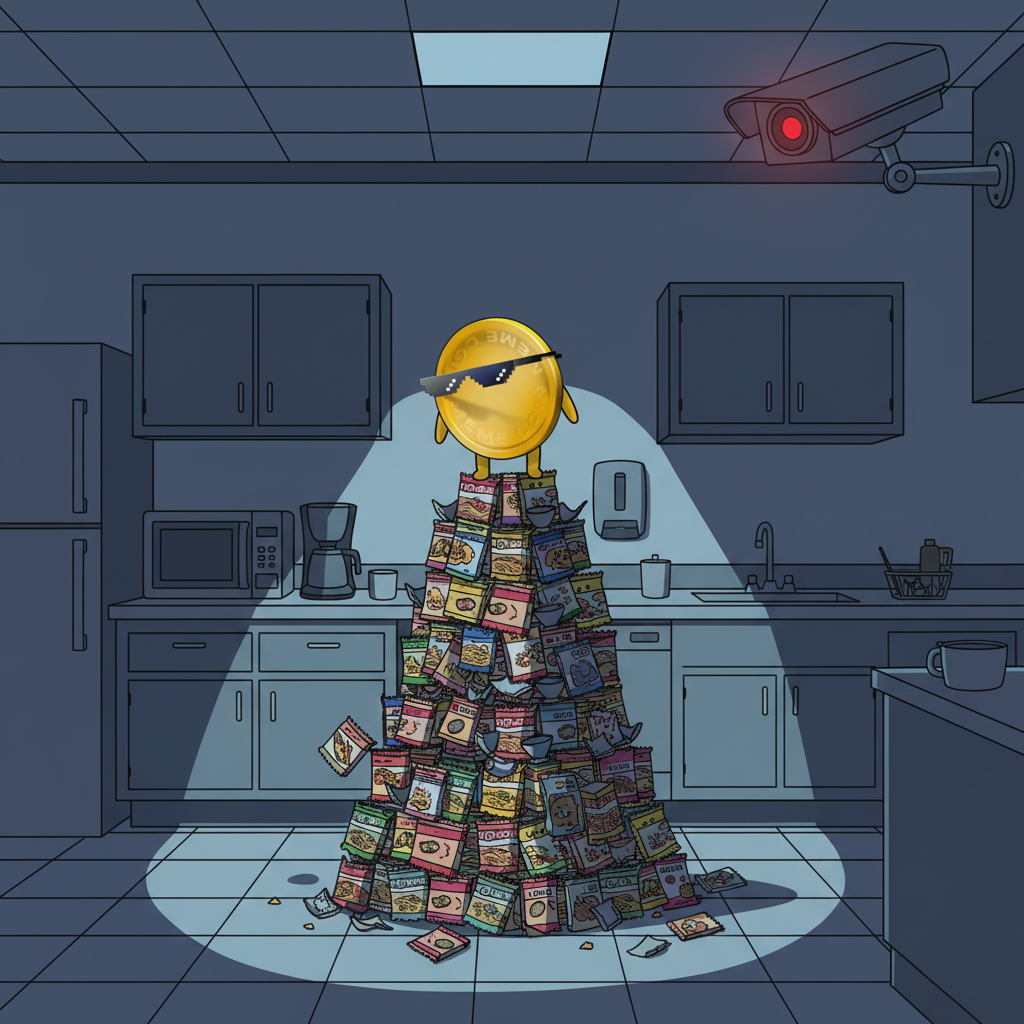Caught red-handed by a security camera, precariously stacking an impossibly tall pyramid of empty ramen noodle packets in a deserted office kitchen at 3 AM.