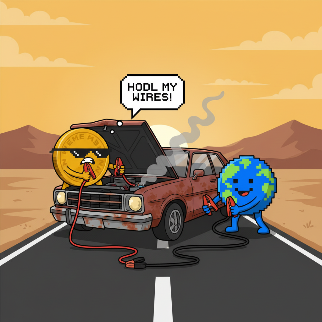 The first mascot and the second mascot are frantically trying to jump-start a beat-up, smoking car with jumper cables on a deserted highway at dawn.
