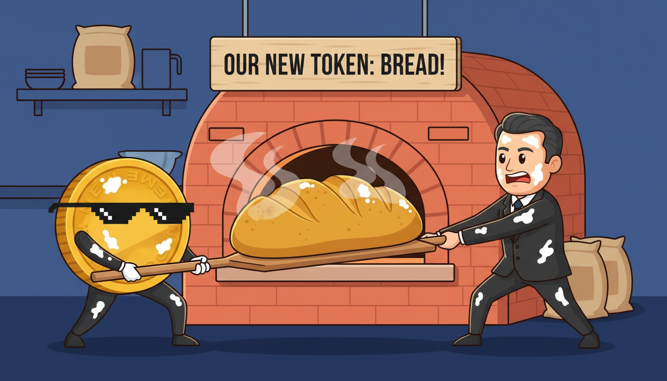 The first mascot and the second mascot, covered in flour, triumphantly pull a gigantic, perfectly baked loaf of bread from an oversized oven.