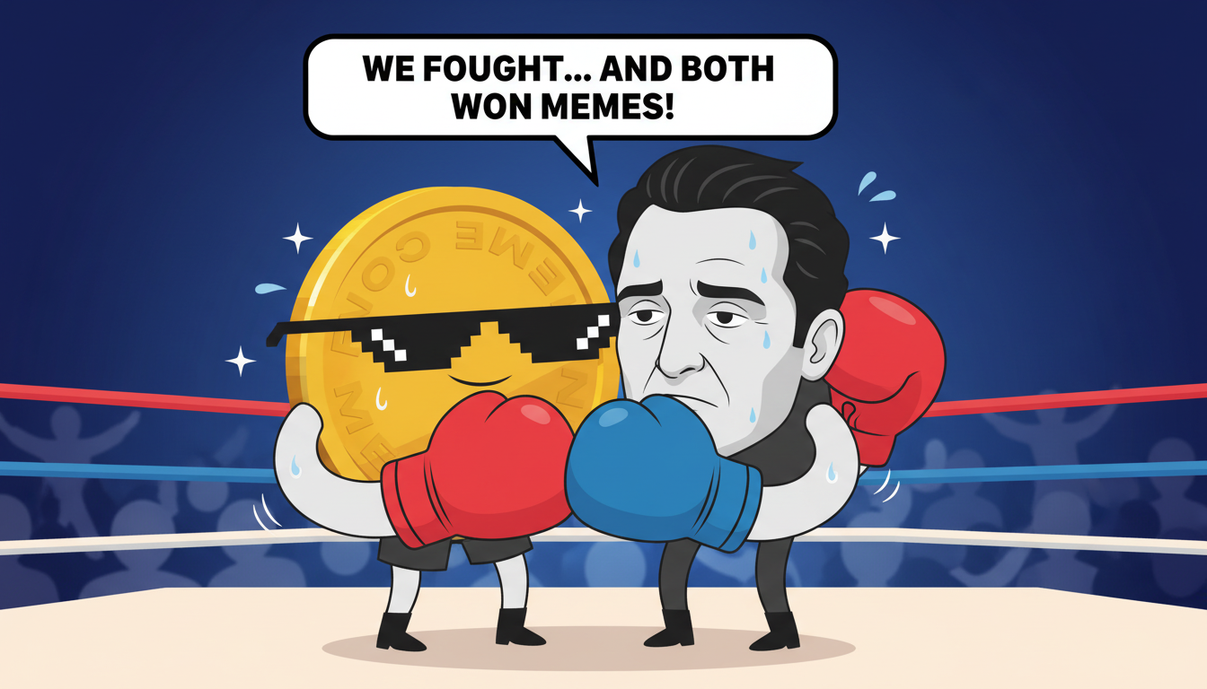 The first mascot and the second mascot, both wearing boxing gloves, share a triumphant, sweaty hug in the center of a boxing ring after a hard sparring session.