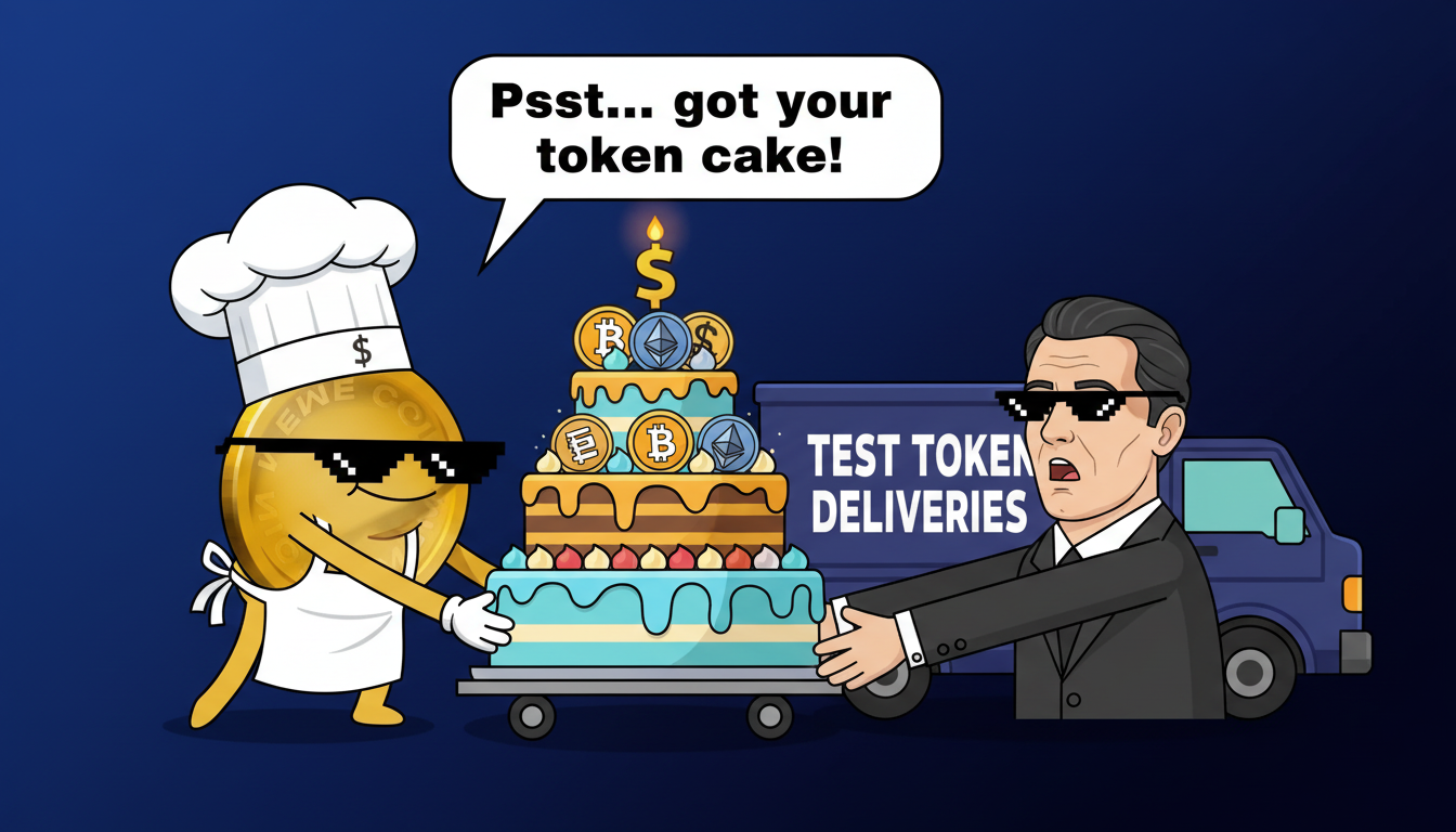 The first mascot, disguised in a chef's hat, secretly slips a massive cryptocurrency "cake" to the second mascot, who is waiting with a delivery truck.