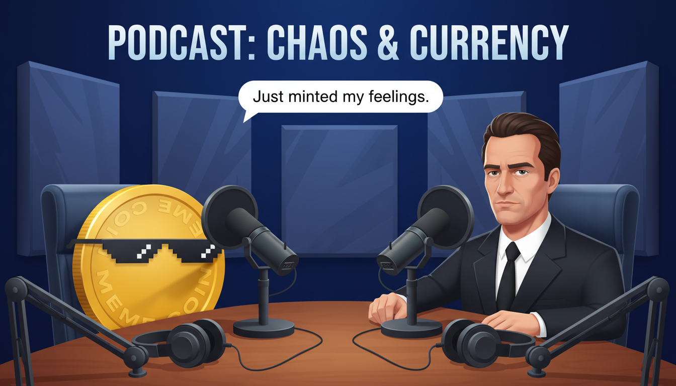 The first mascot and the second mascot, sitting side-by-side in a podcast booth, staring intently into separate microphones.