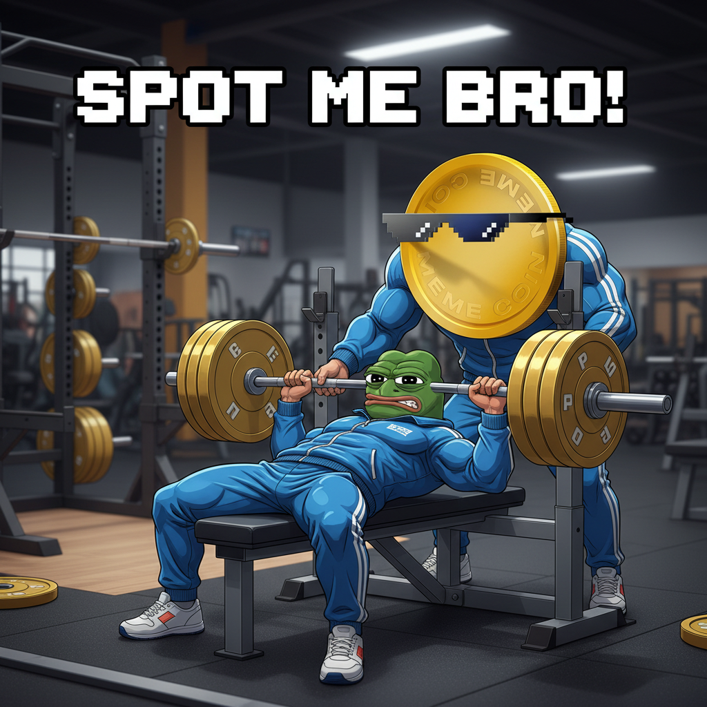 The first mascot and the second mascot, both in matching tracksuits, flexing their biceps at the gym, spotting each other during a heavy lift.