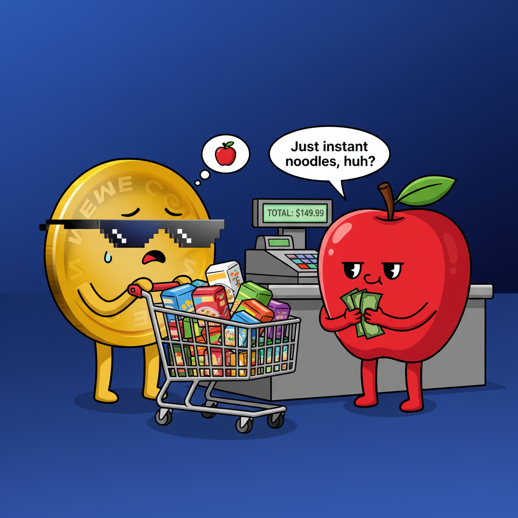 The first mascot nervously pushing a grocery cart overflowing with instant noodles, while the second mascot counts out a handful of crumpled dollar bills at the checkout.