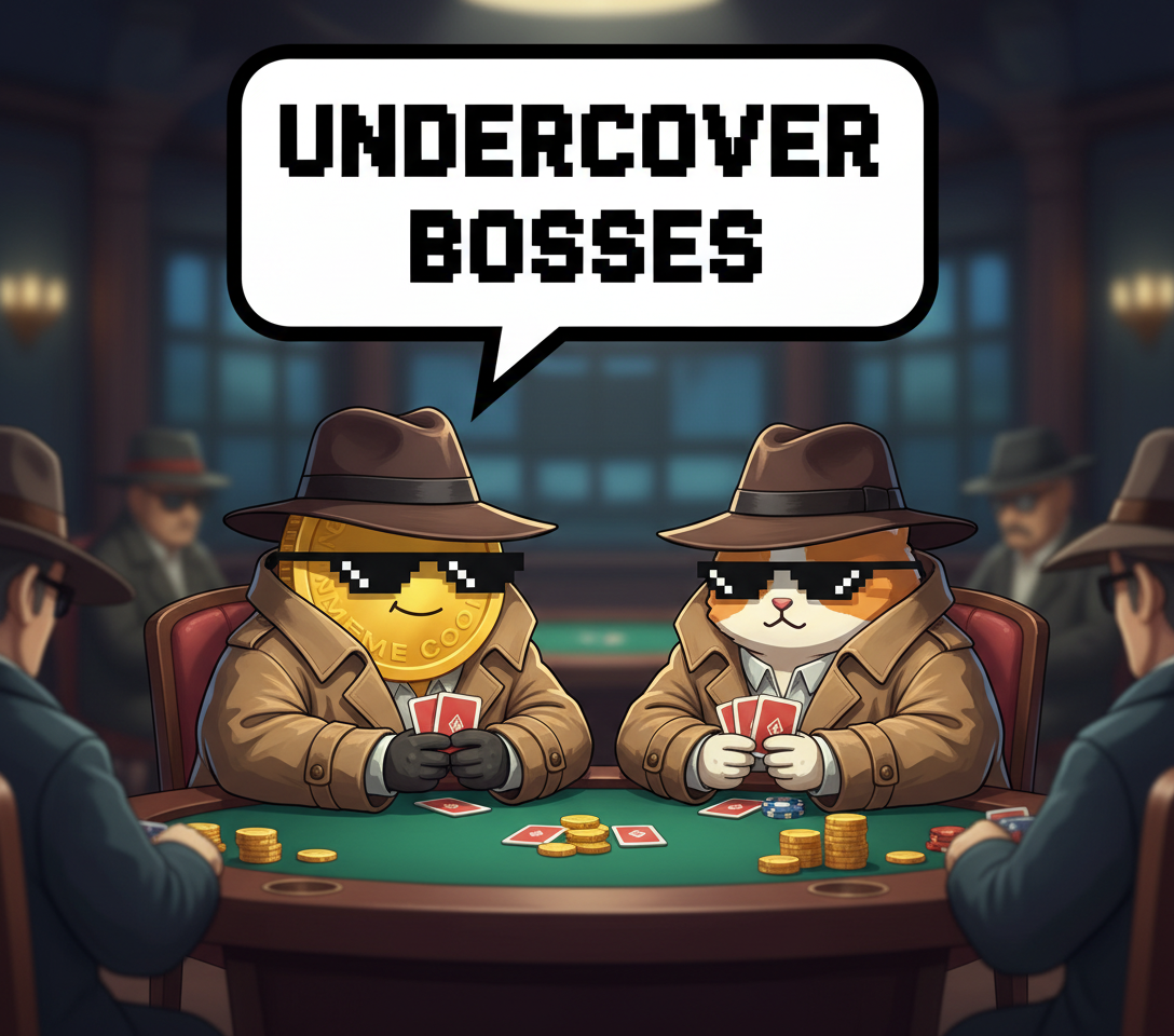 The first mascot and the second mascot, both wearing oversized trench coats and fedoras, attempting to blend in at a high-stakes poker game.