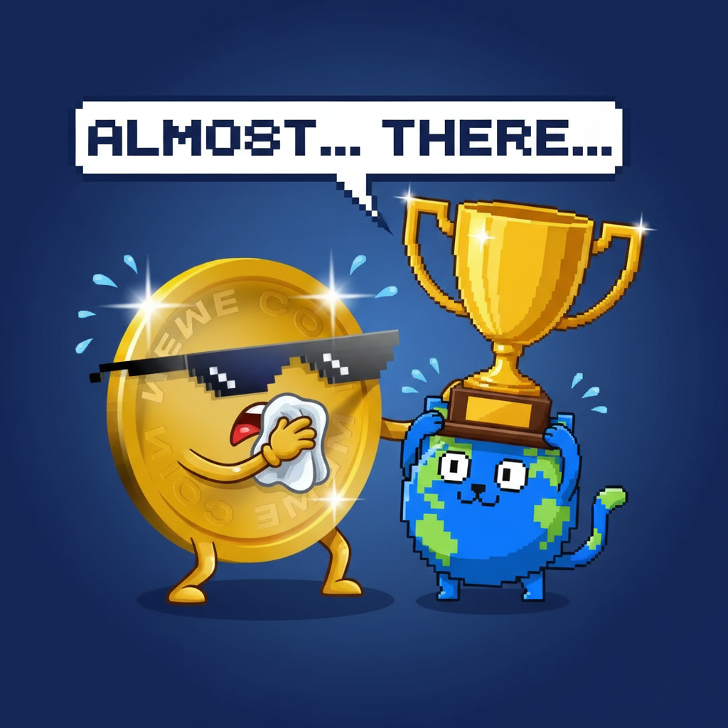 The first mascot is frantically polishing a giant trophy as the second mascot tries to balance it precariously on their head.