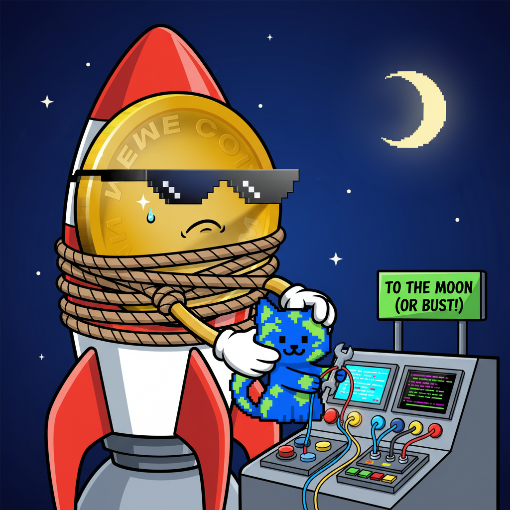 The first mascot, tied to a rocket, nervously grips the second mascot who is expertly hotwiring the launch panel.