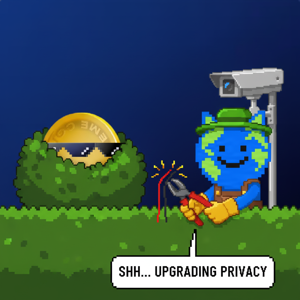 The first mascot, disguised as a bush, peeks over a hedge while the second mascot, dressed as a gardener, snips wires to a security camera.