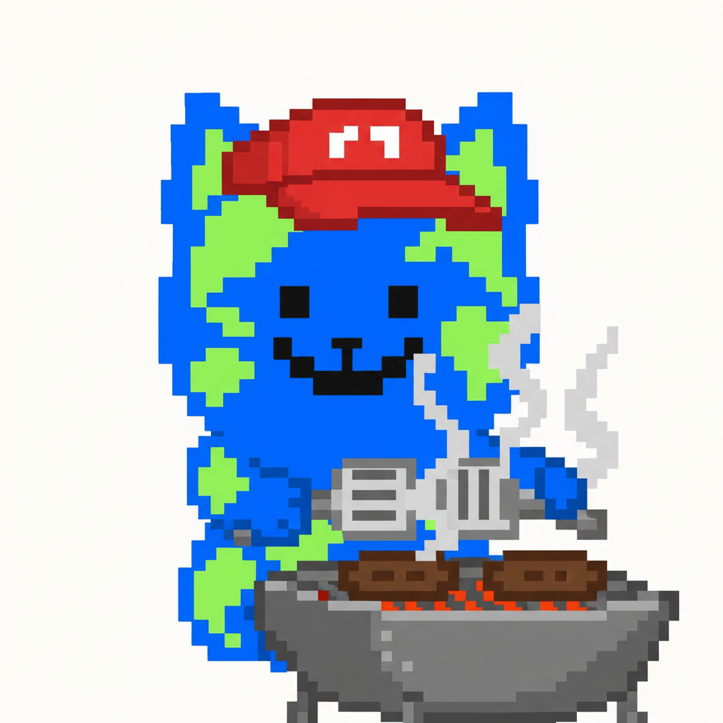 Meme Cat, wearing a tiny fast-food visor, intently flipping burgers at a smoky grill.