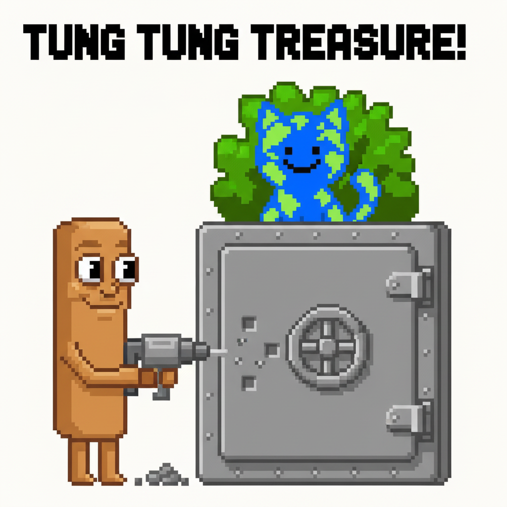 The first mascot, disguised as a bush, peeks over a vault door while the second mascot drills into it with a tiny jackhammer.