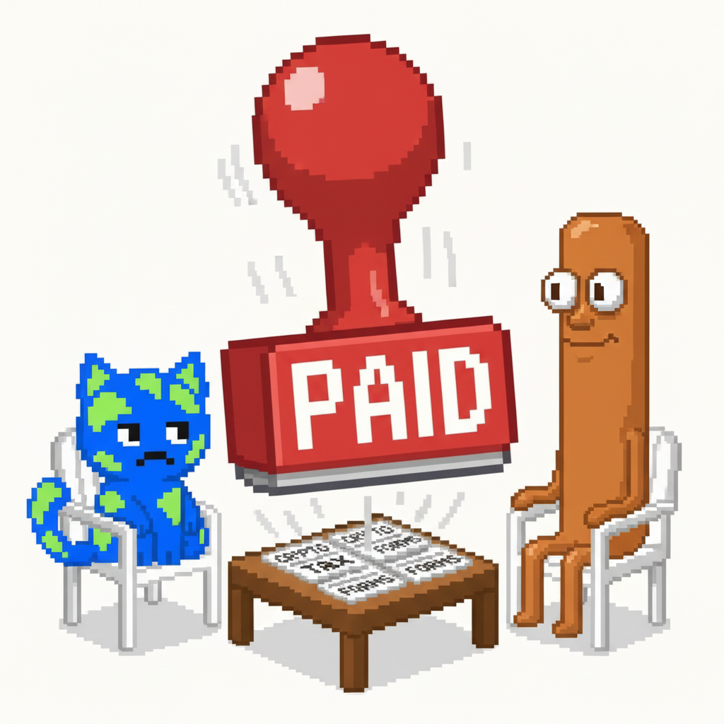 The first mascot and the second mascot, both slumped in cheap plastic chairs, looking utterly defeated as a giant, overflowing "PAID" stamp slams onto their crypto tax forms.
