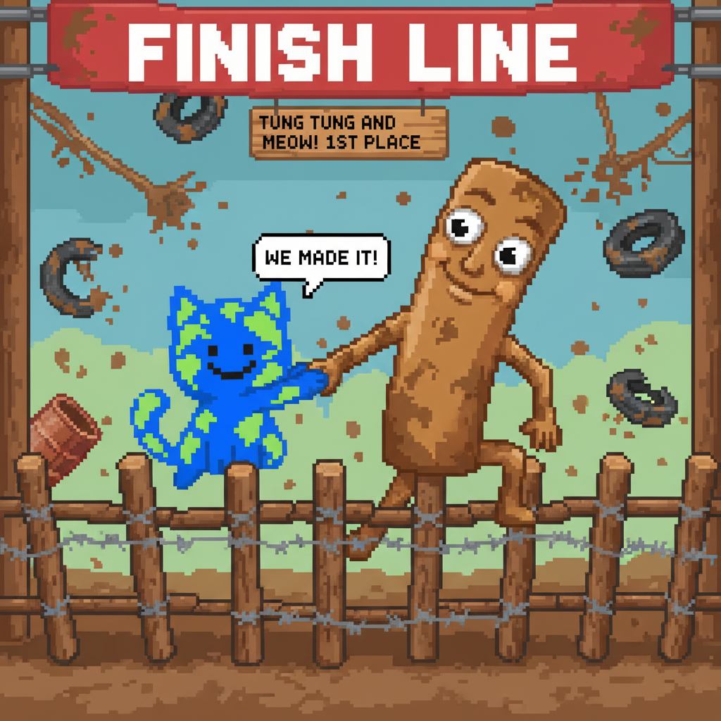The first mascot and the second mascot, covered in mud and glory, crossing the finish line of a chaotic obstacle course, one helping the other over the final hurdle.