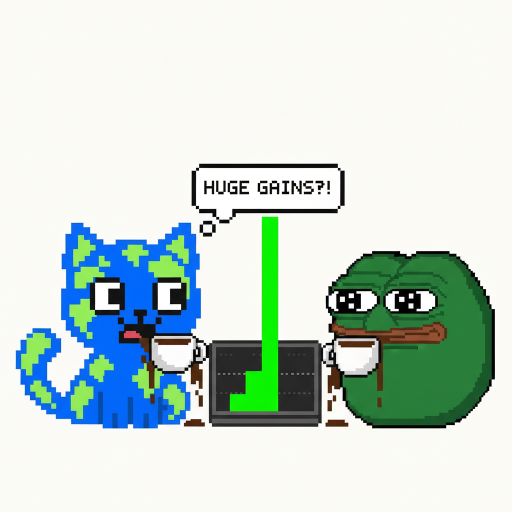 The first mascot and the second mascot, both wide-eyed, simultaneously spill their coffees as they witness an absurdly huge green candle forming on a shared laptop screen.