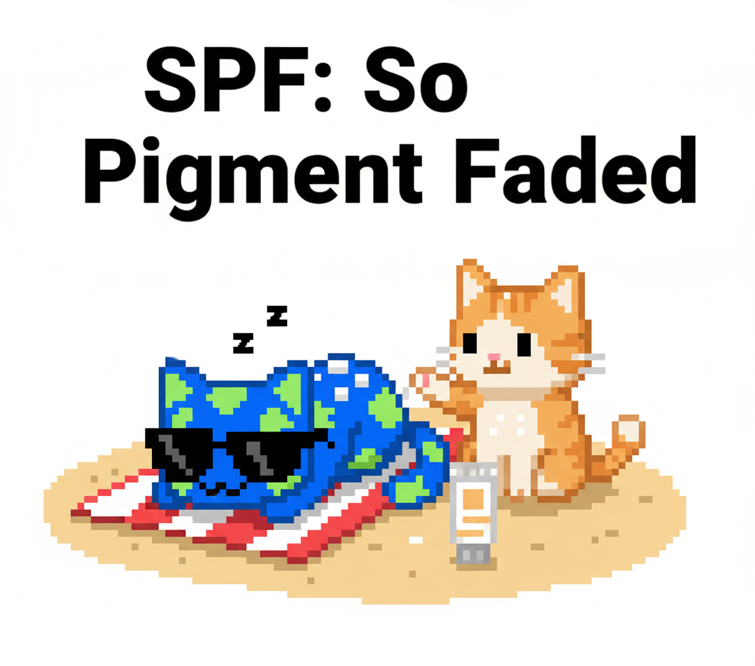 The first mascot, wearing oversized sunglasses, is passed out face-down on a beach towel, while the second mascot is carefully applying sunscreen to their back.